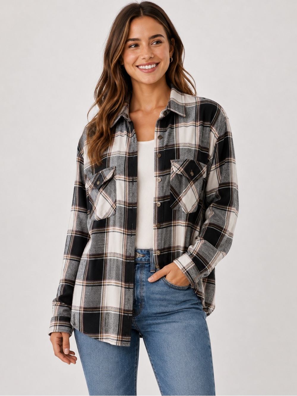 Weekends Everyday Plaid Flannel Button Down Shirt Black Cream Small